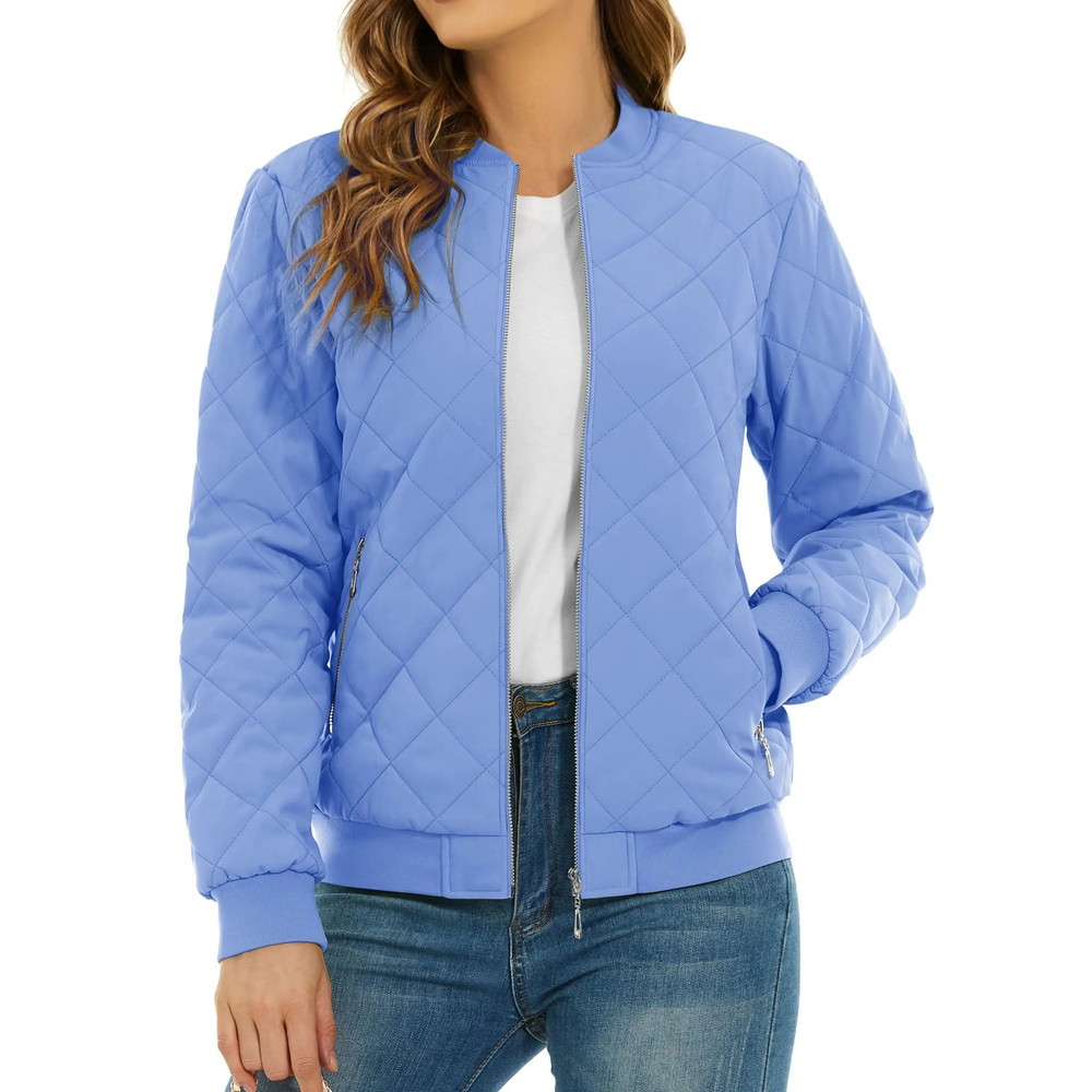 Womens Diamond Quilted Bomber Jacket Full Zip Warm Padded Coat 18