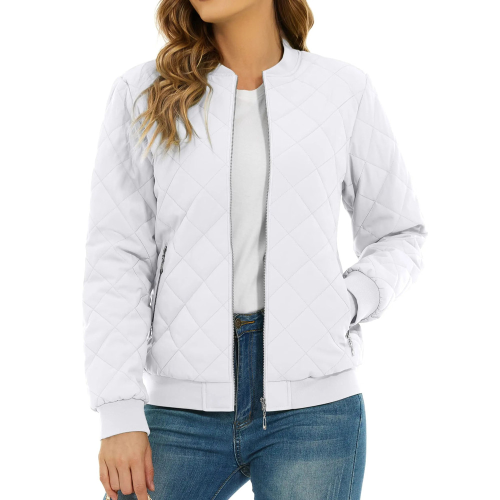 Womens Diamond Quilted Bomber Jacket Full Zip Warm Padded Coat 7