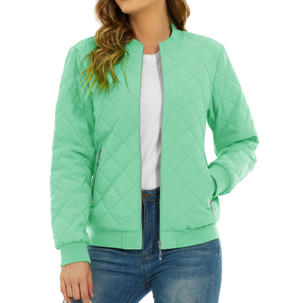 Womens Diamond Quilted Bomber Jacket Full Zip Warm Padded Coat 8