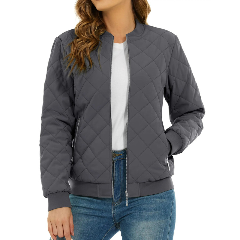Womens Diamond Quilted Bomber Jacket Full Zip Warm Padded Coat 19