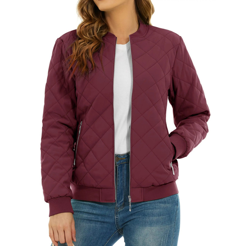 Womens Diamond Quilted Bomber Jacket Full Zip Warm Padded Coat 21
