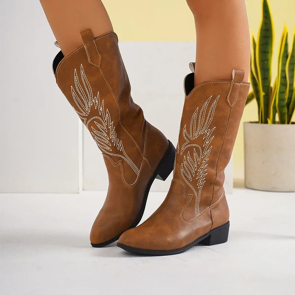 Womens Thick Sole Pointed Toe Knight Boots Slip On Cowboy Embroidered Boot With Square Heel 10