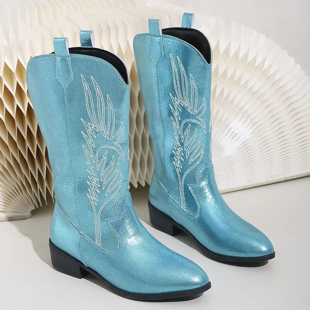 Womens Thick Sole Pointed Toe Knight Boots Slip On Cowboy Embroidered Boot With Square Heel 11