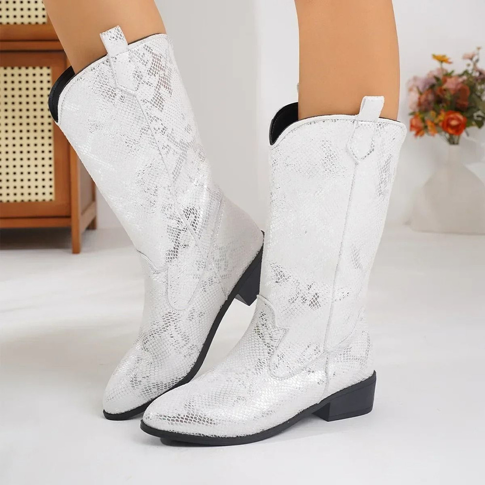 Womens Thick Sole Pointed Toe Knight Boots Slip On Cowboy Embroidered Boot With Square Heel 13