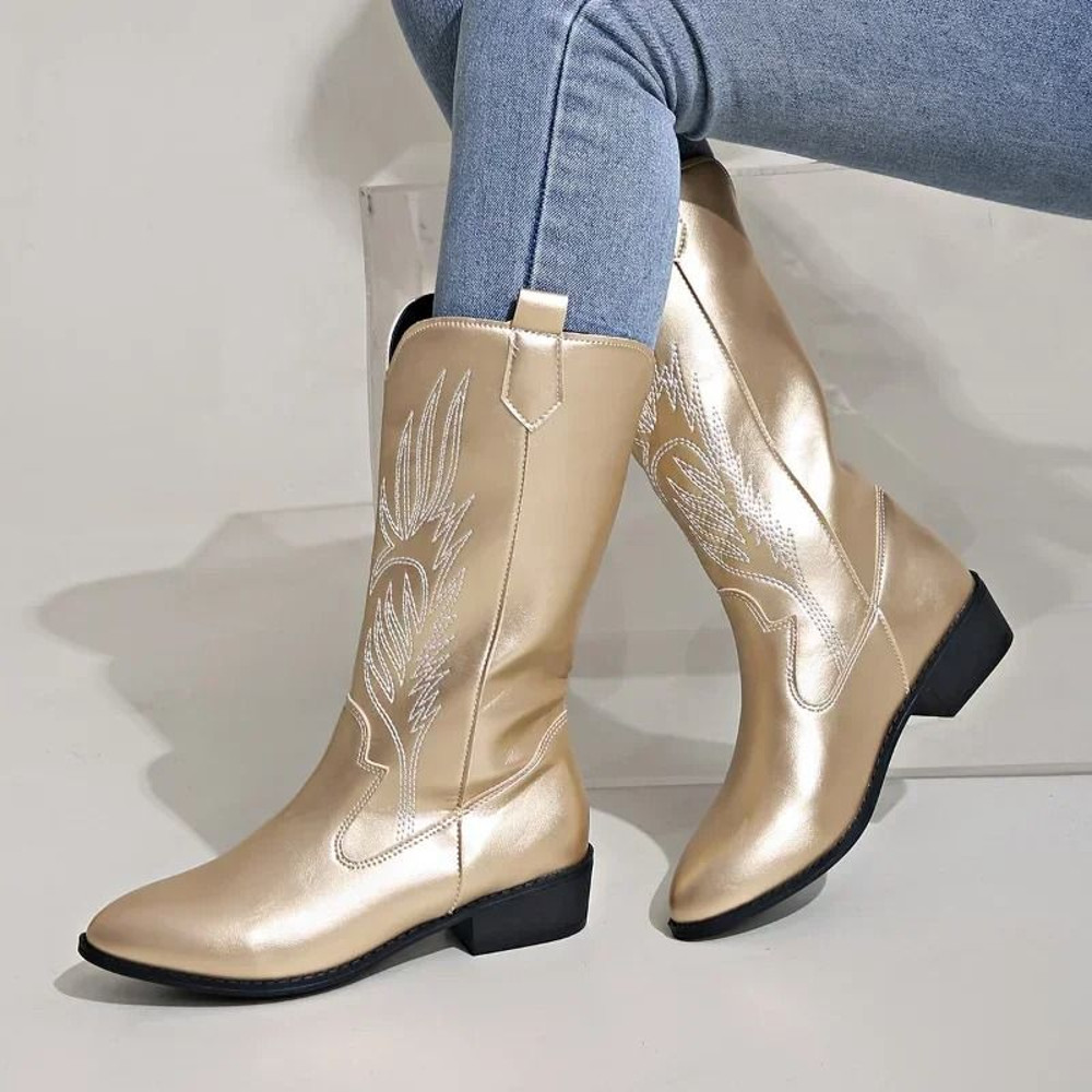 Womens Thick Sole Pointed Toe Knight Boots Slip On Cowboy Embroidered Boot With Square Heel 1