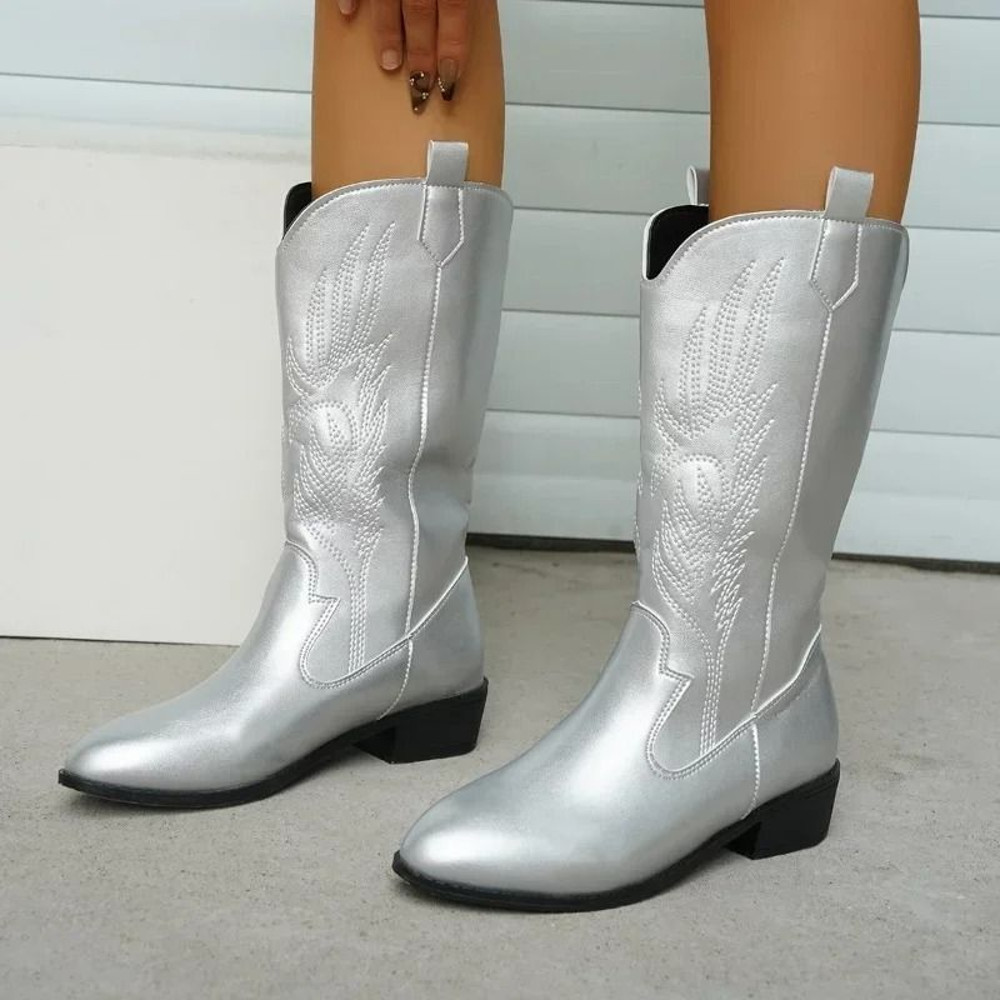 Womens Thick Sole Pointed Toe Knight Boots Slip On Cowboy Embroidered Boot With Square Heel 3