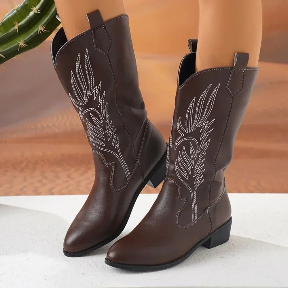 Womens Thick Sole Pointed Toe Knight Boots Slip On Cowboy Embroidered Boot With Square Heel 5