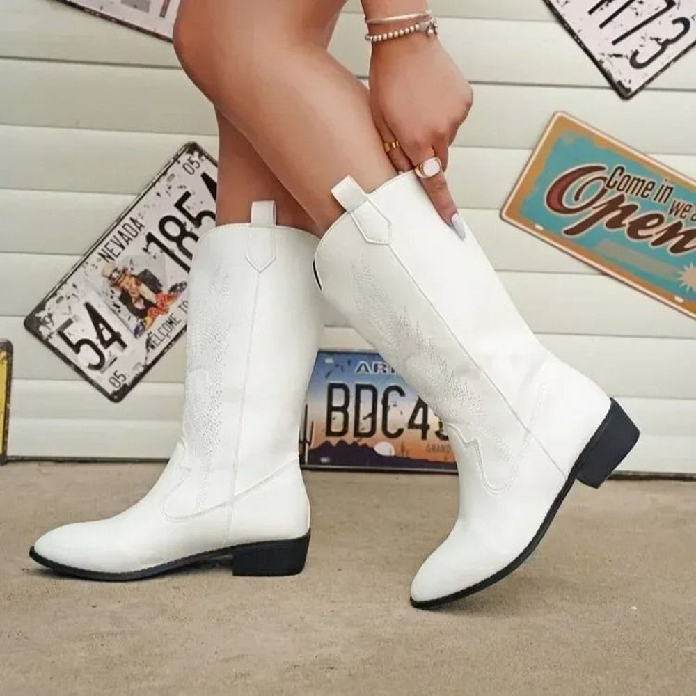 Womens Thick Sole Pointed Toe Knight Boots Slip On Cowboy Embroidered Boot With Square Heel 6