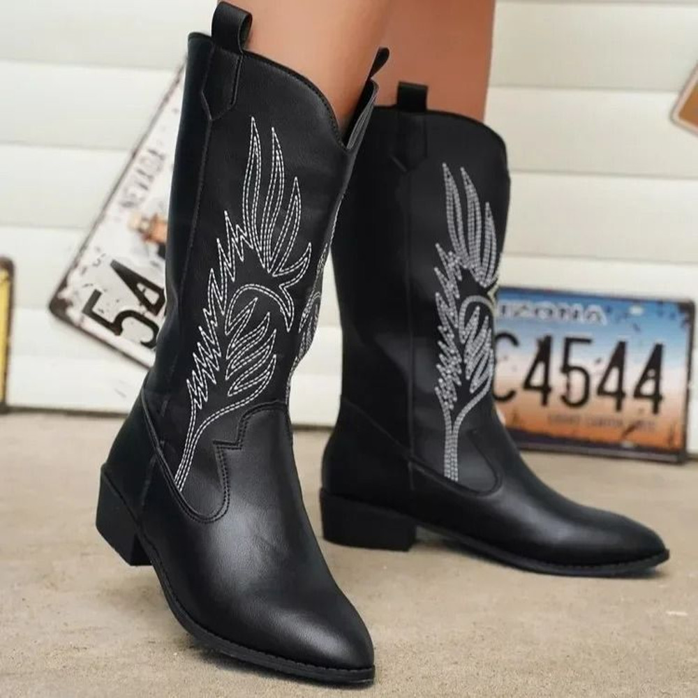 Womens Thick Sole Pointed Toe Knight Boots Slip On Cowboy Embroidered Boot With Square Heel 7
