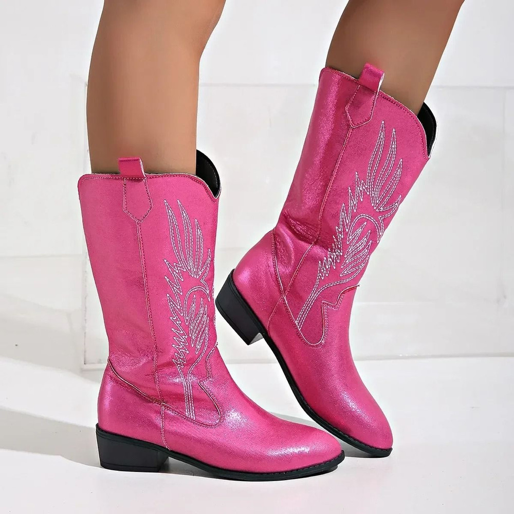 Womens Thick Sole Pointed Toe Knight Boots Slip On Cowboy Embroidered Boot With Square Heel 16