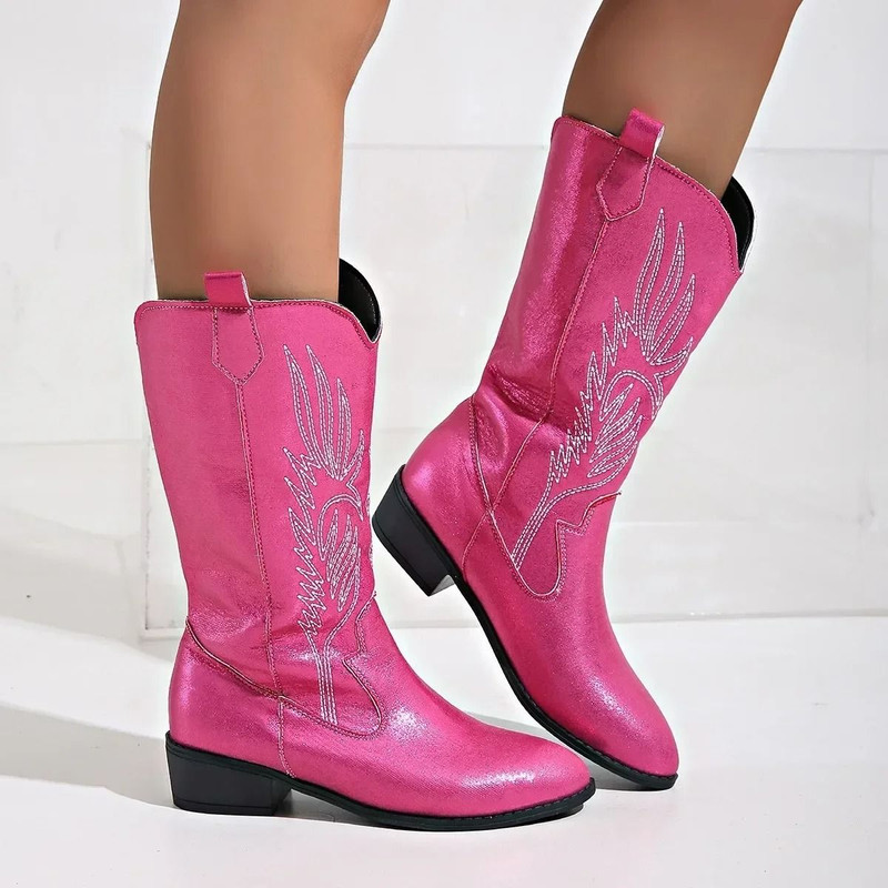 Womens Thick Sole Pointed Toe Knight Boots Slip On Cowboy Embroidered Boot With Square Heel 16
