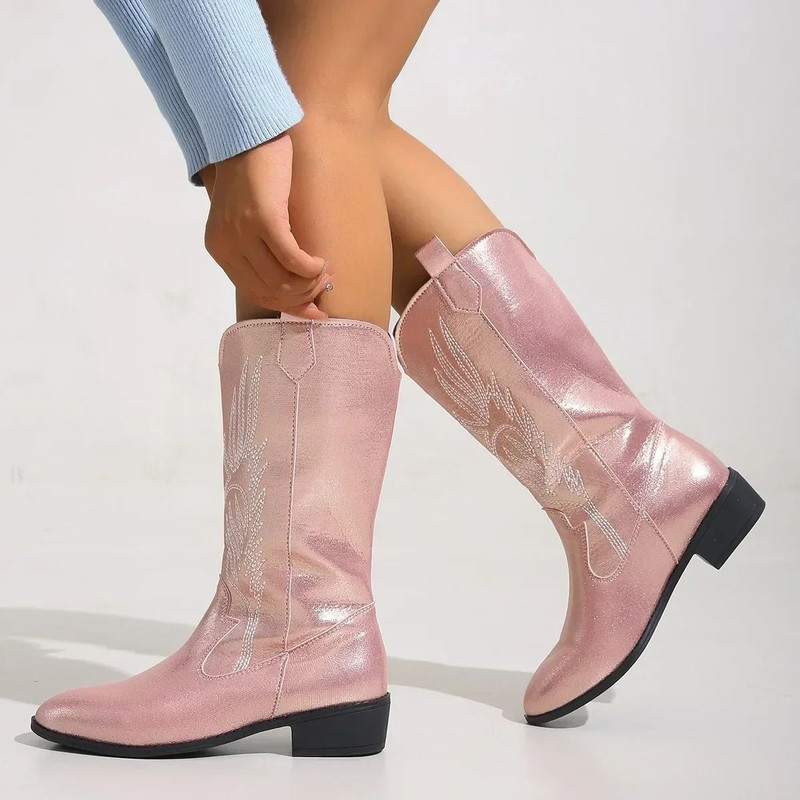 Womens Thick Sole Pointed Toe Knight Boots Slip On Cowboy Embroidered Boot With Square Heel 17