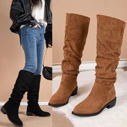 new solid color comfortable knee high boots with square heels for women winter fashion large size round toe high boots