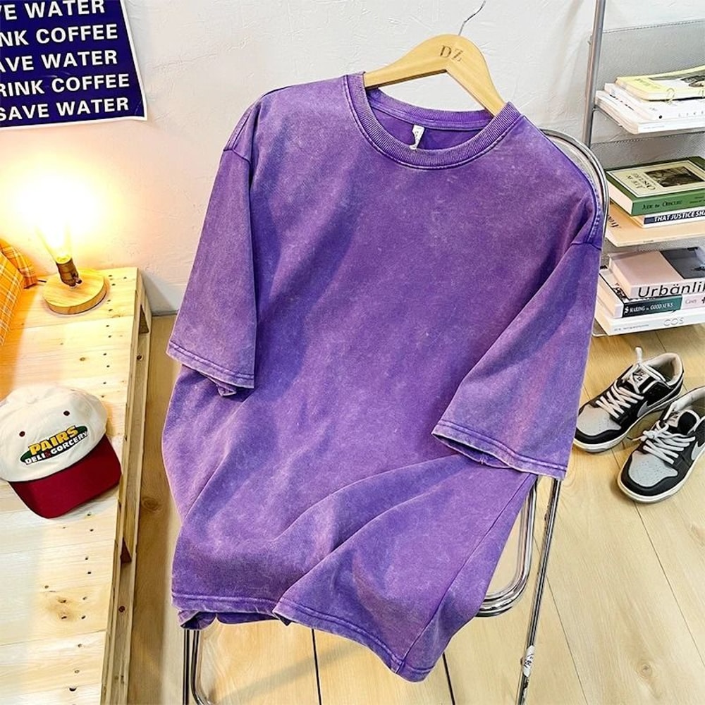 Vintage Cotton Snowflake Point Solid Color Short Sleeve T Shirt For Men And Women Streetwear Hip Ho 10