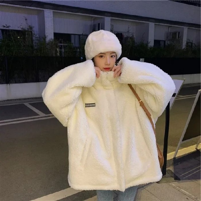 Thickened Lamb Wool Stand Collar Cotton Padded Coat Women Loose Fit Petite 3