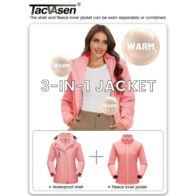 TACVASEN 3in1 Waterproof Fleece Jacket Women Rain Ski Parka 2