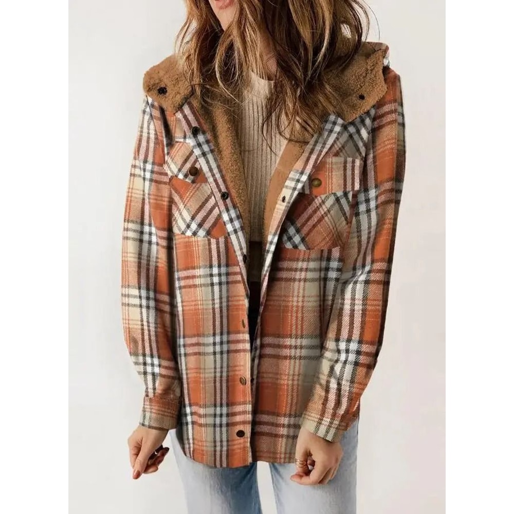 Womens Plaid Fleece Hooded Shacket Oversized Cozy Warm 12