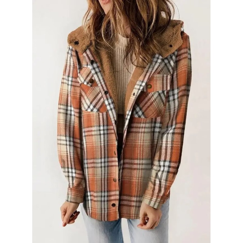 Womens Plaid Fleece Hooded Shacket Oversized Cozy Warm 12