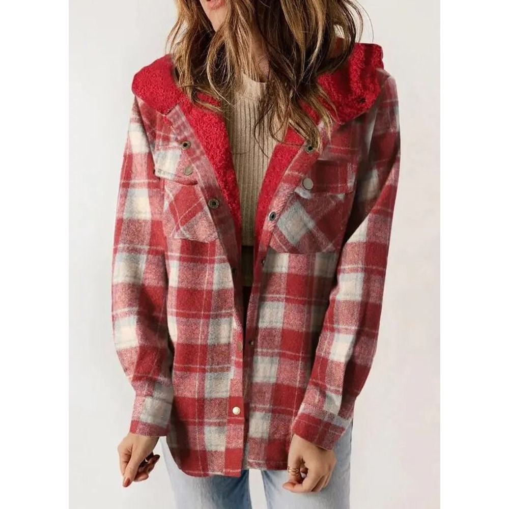 Womens Plaid Fleece Hooded Shacket Oversized Cozy Warm 14