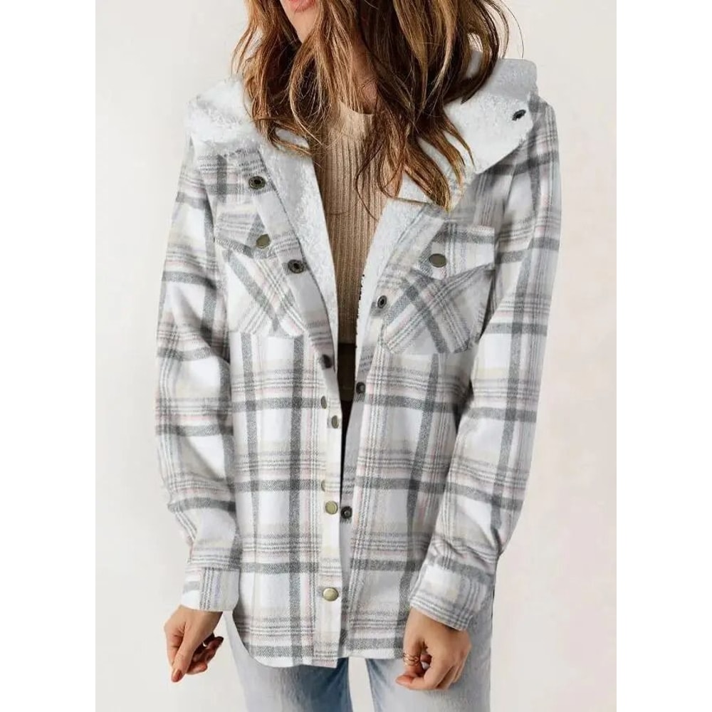 Womens Plaid Fleece Hooded Shacket Oversized Cozy Warm 15