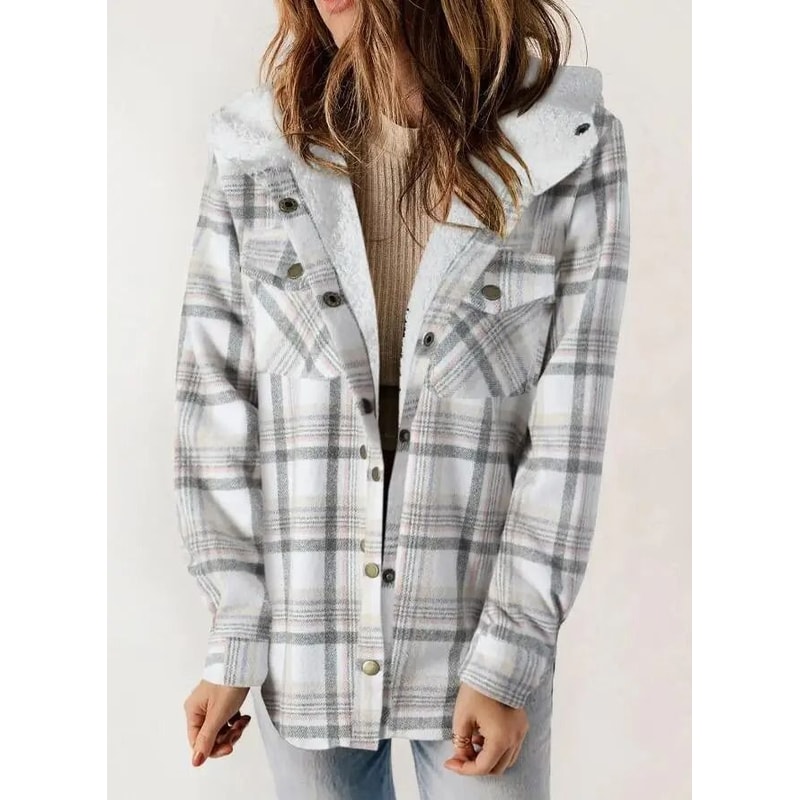 Womens Plaid Fleece Hooded Shacket Oversized Cozy Warm 15