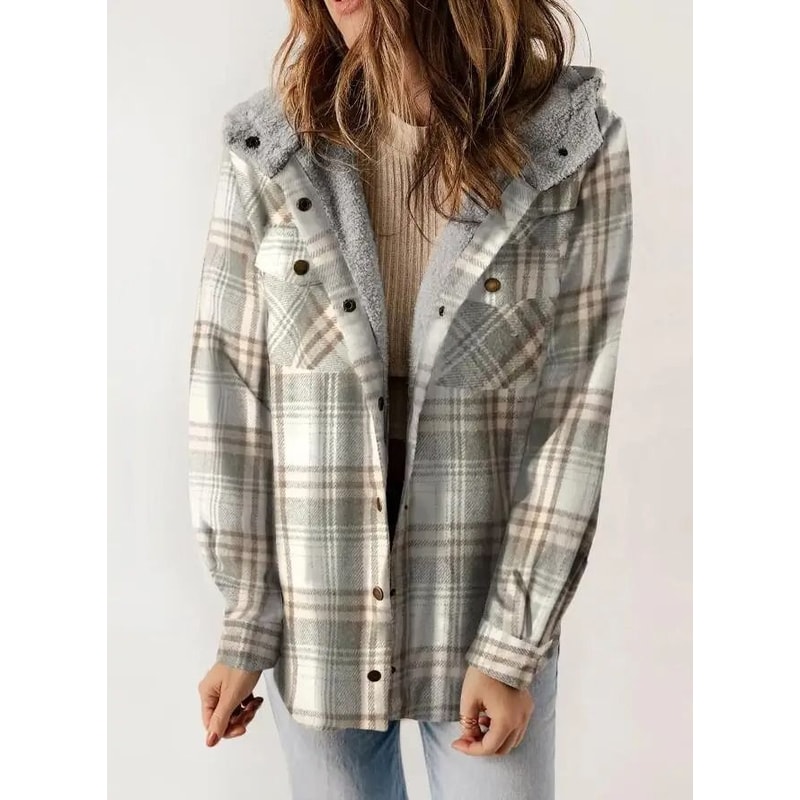 Womens Plaid Fleece Hooded Shacket Oversized Cozy Warm 16