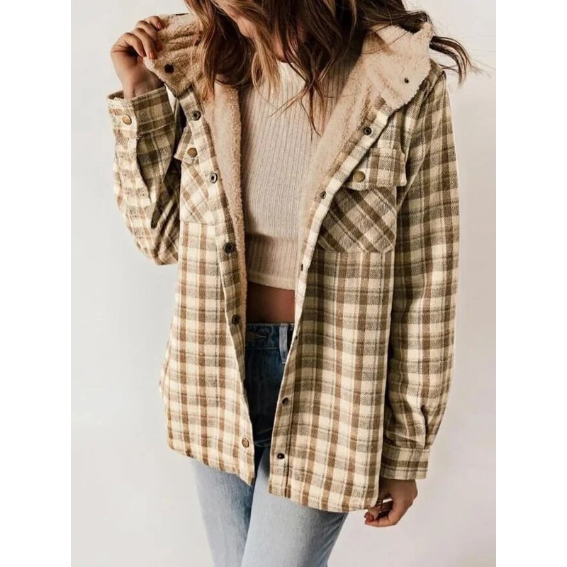 Womens Plaid Fleece Hooded Shacket Oversized Cozy Warm 3