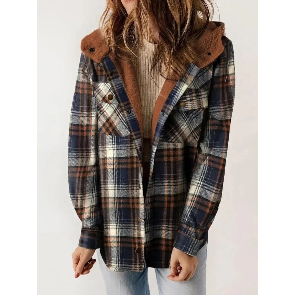 Womens Plaid Fleece Hooded Shacket Oversized Cozy Warm 4