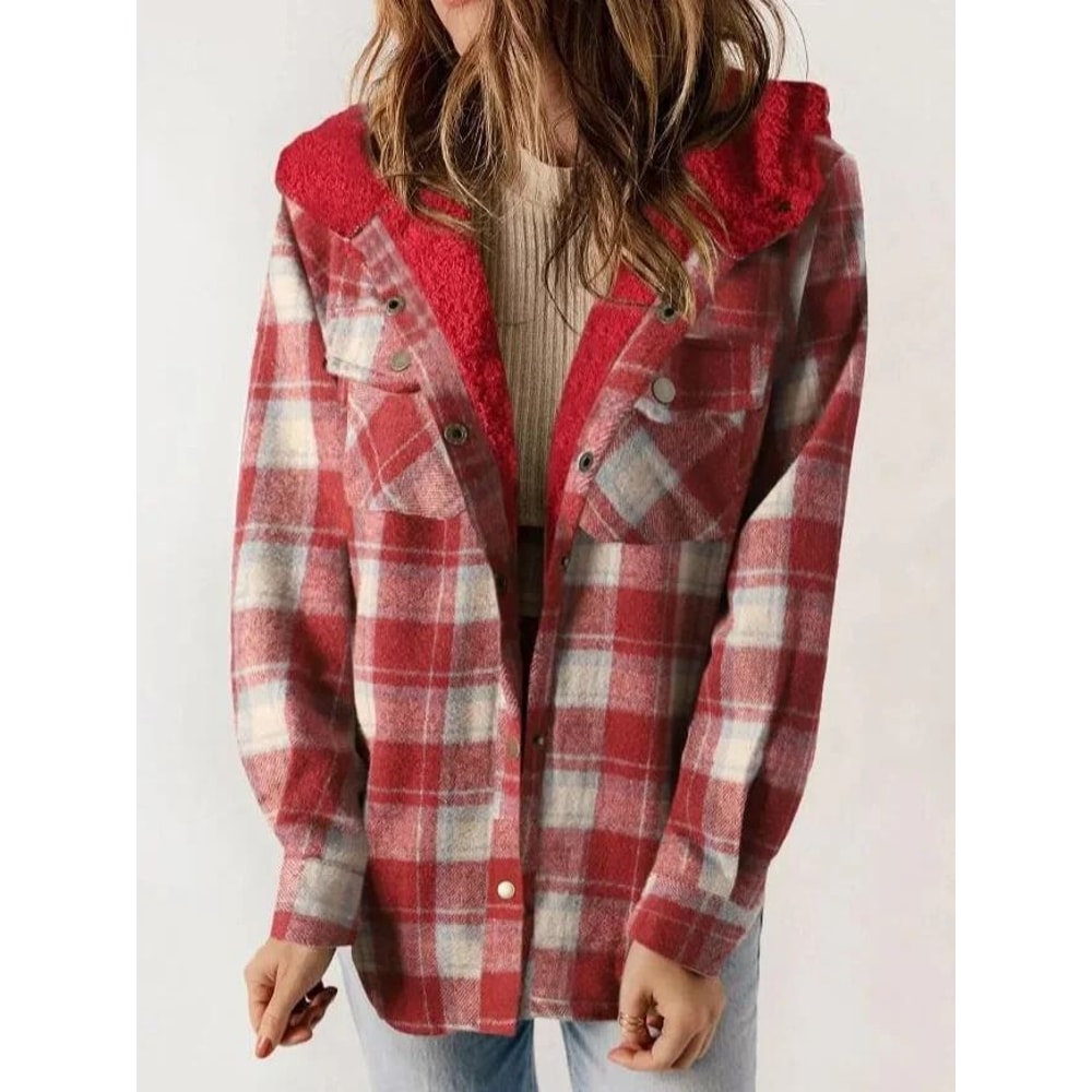 Womens Plaid Fleece Hooded Shacket Oversized Cozy Warm 5