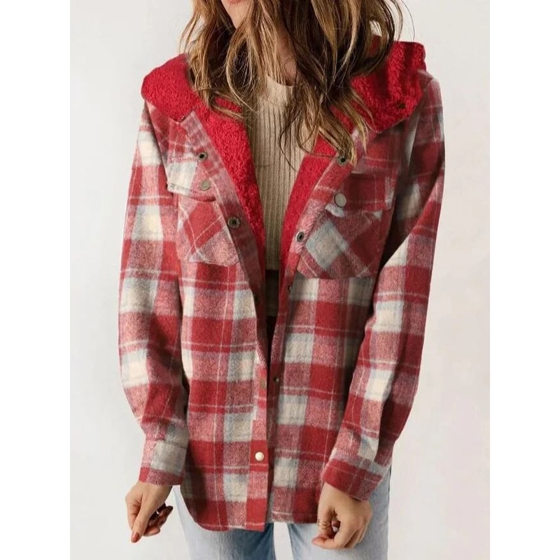 Womens Plaid Fleece Hooded Shacket Oversized Cozy Warm 5