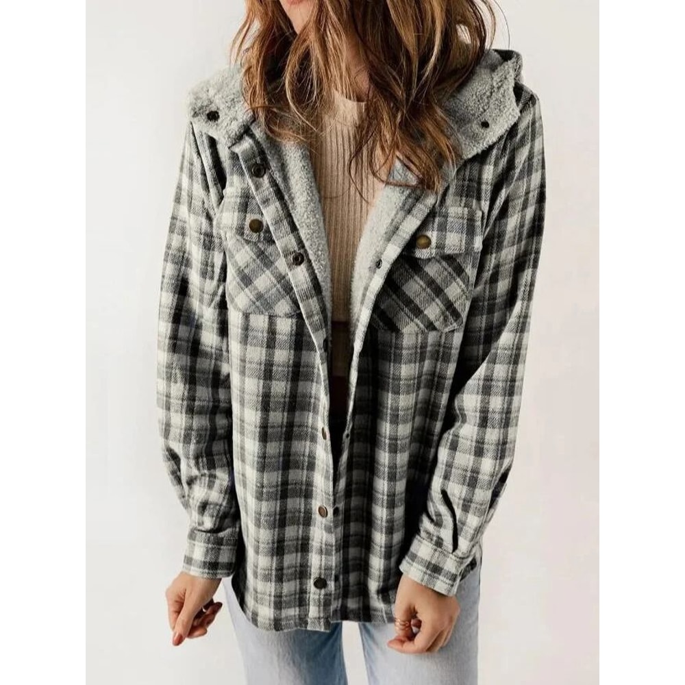 Womens Plaid Fleece Hooded Shacket Oversized Cozy Warm 6
