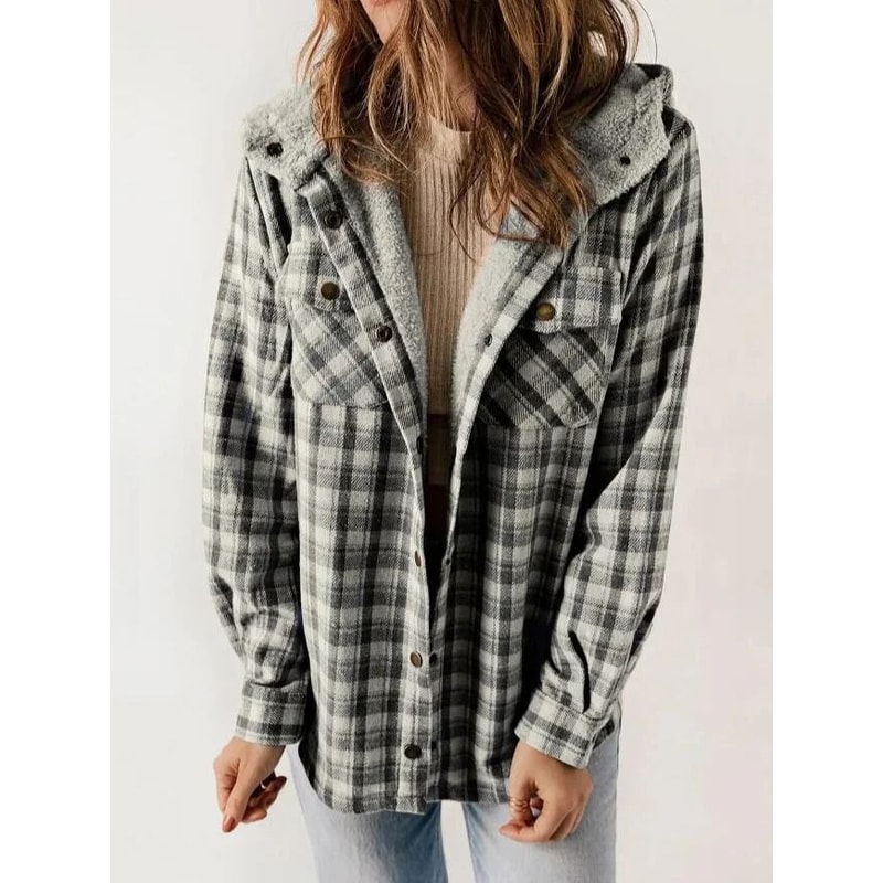 Womens Plaid Fleece Hooded Shacket Oversized Cozy Warm 6