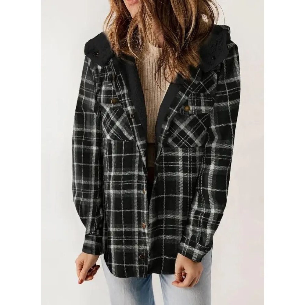 Womens Plaid Fleece Hooded Shacket Oversized Cozy Warm 7