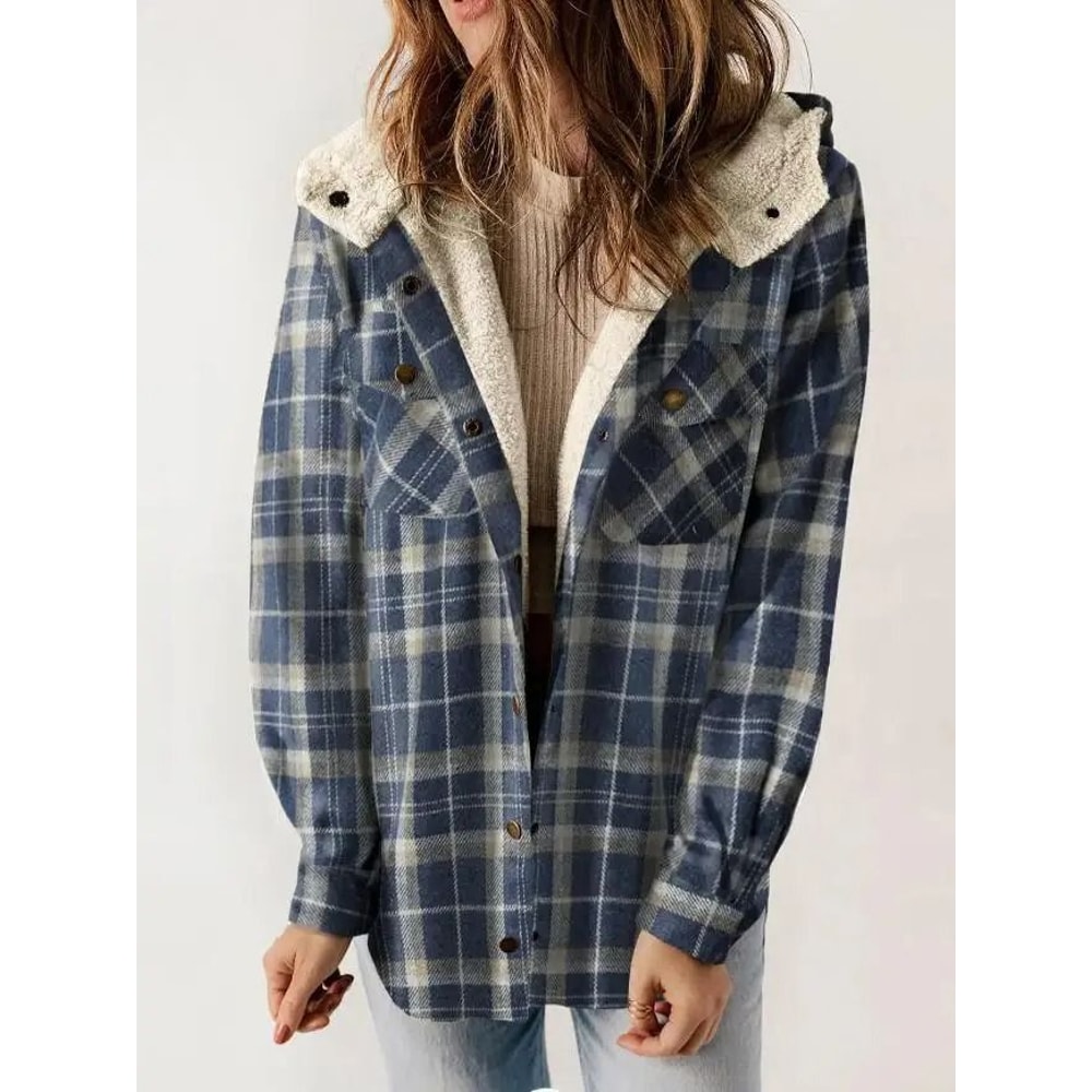 Womens Plaid Fleece Hooded Shacket Oversized Cozy Warm 8
