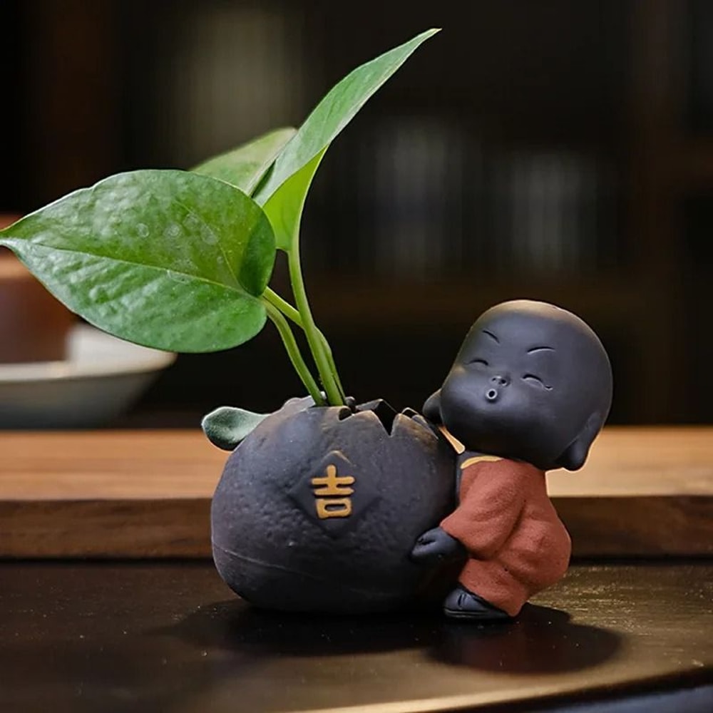 Cute Little Monk Purple Clay Tea Pet Vase Mini Planter Home Decor 14