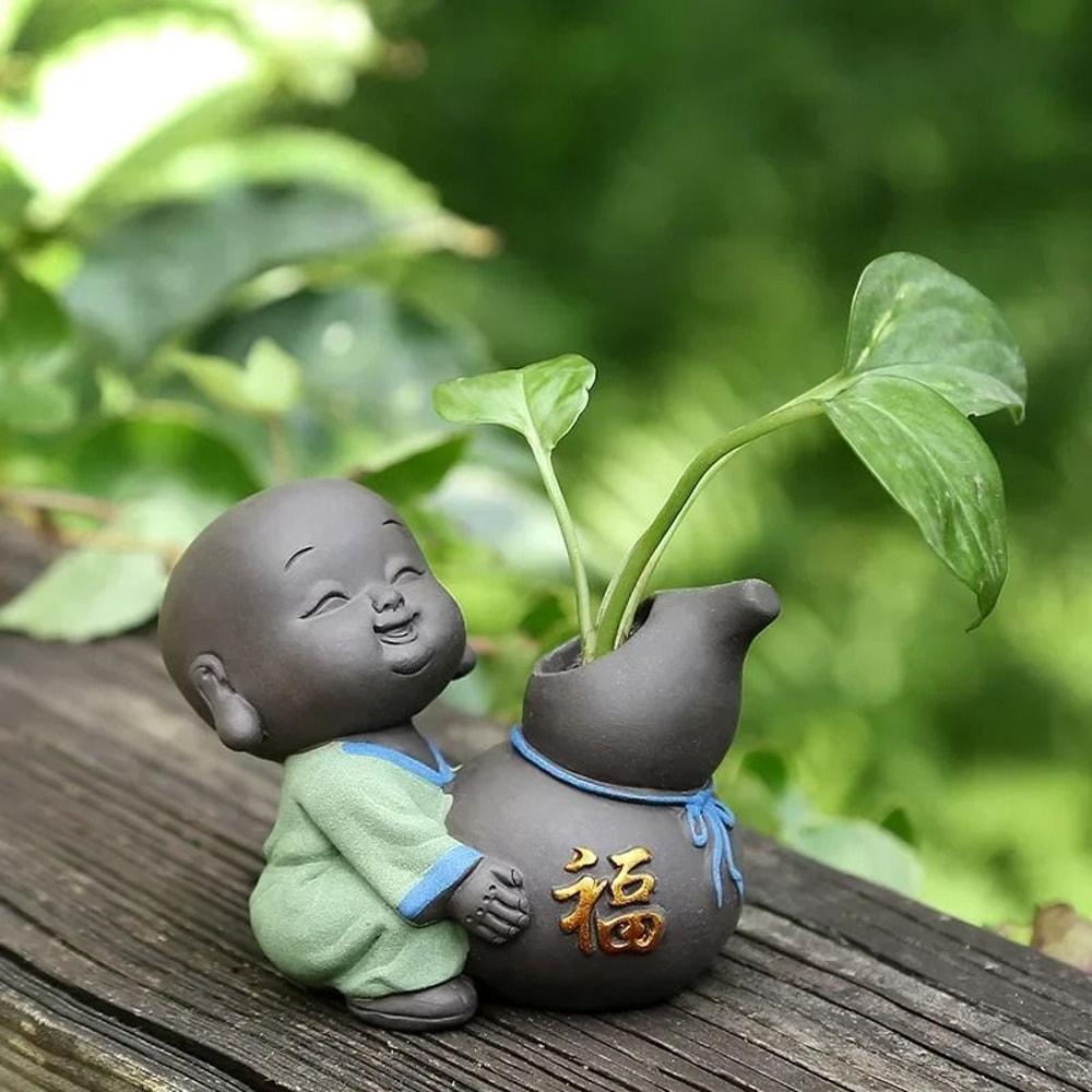 Cute Little Monk Purple Clay Tea Pet Vase Mini Planter Home Decor 16