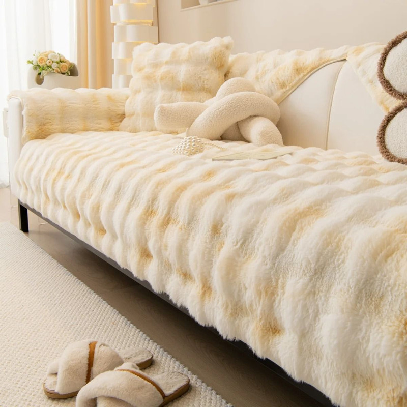 Thick Faux Rabbit Fur Sofa Slipcover Non Slip Plush Couch Cushion Cover 11