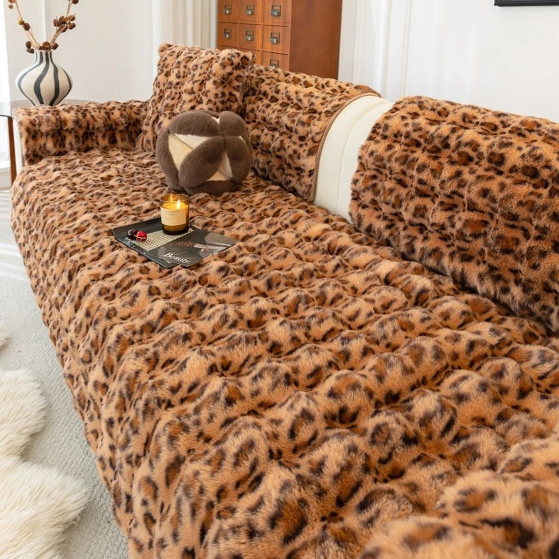 Thick Faux Rabbit Fur Sofa Slipcover Non Slip Plush Couch Cushion Cover 12