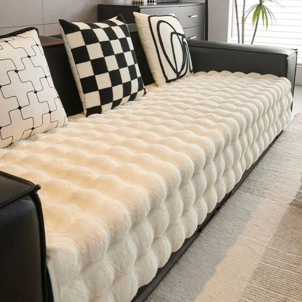 Thick Faux Rabbit Fur Sofa Slipcover Non Slip Plush Couch Cushion Cover 6