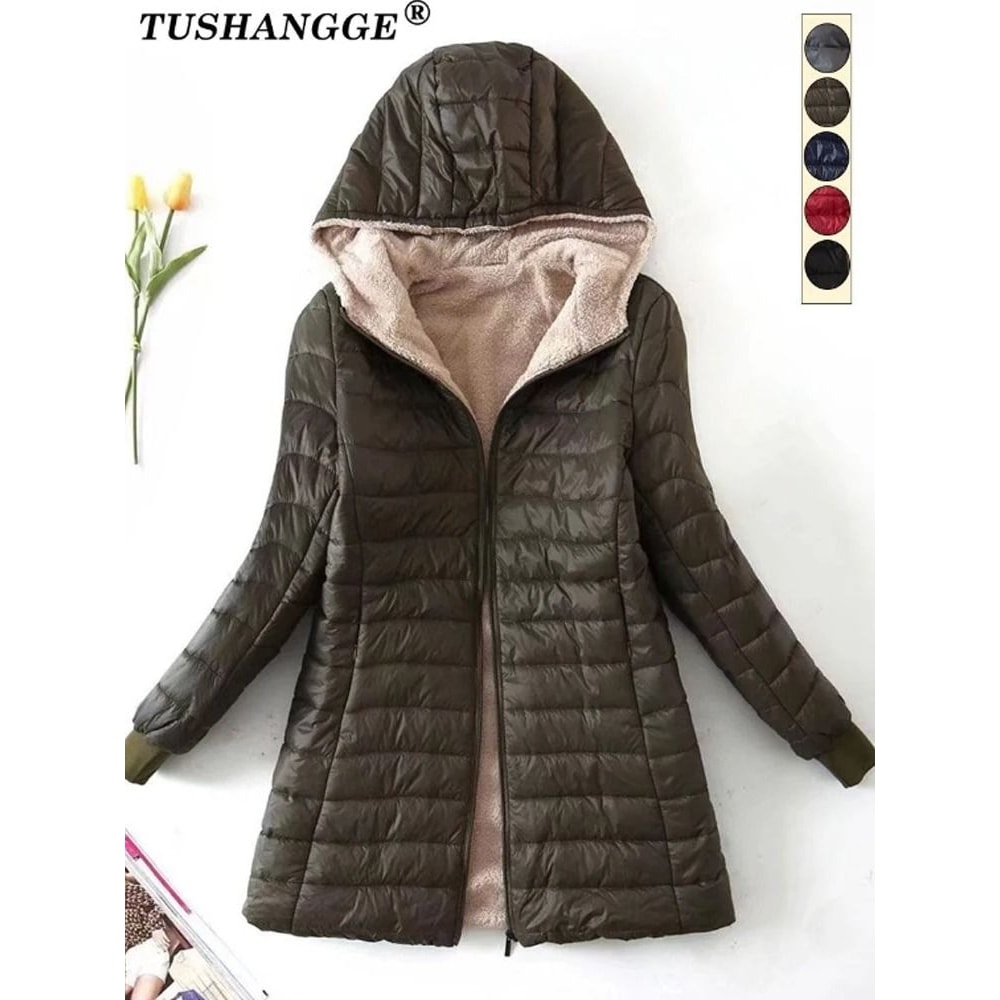 Mid Length Hooded Cotton Coat With Warm Lamb Fleece Lining For Women Autumn Winter 1