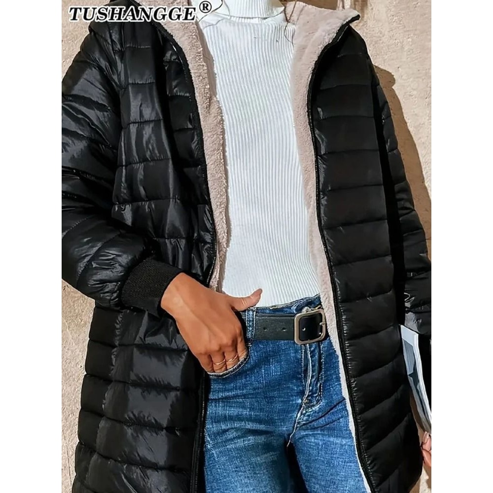 Mid Length Hooded Cotton Coat With Warm Lamb Fleece Lining For Women Autumn Winter 4