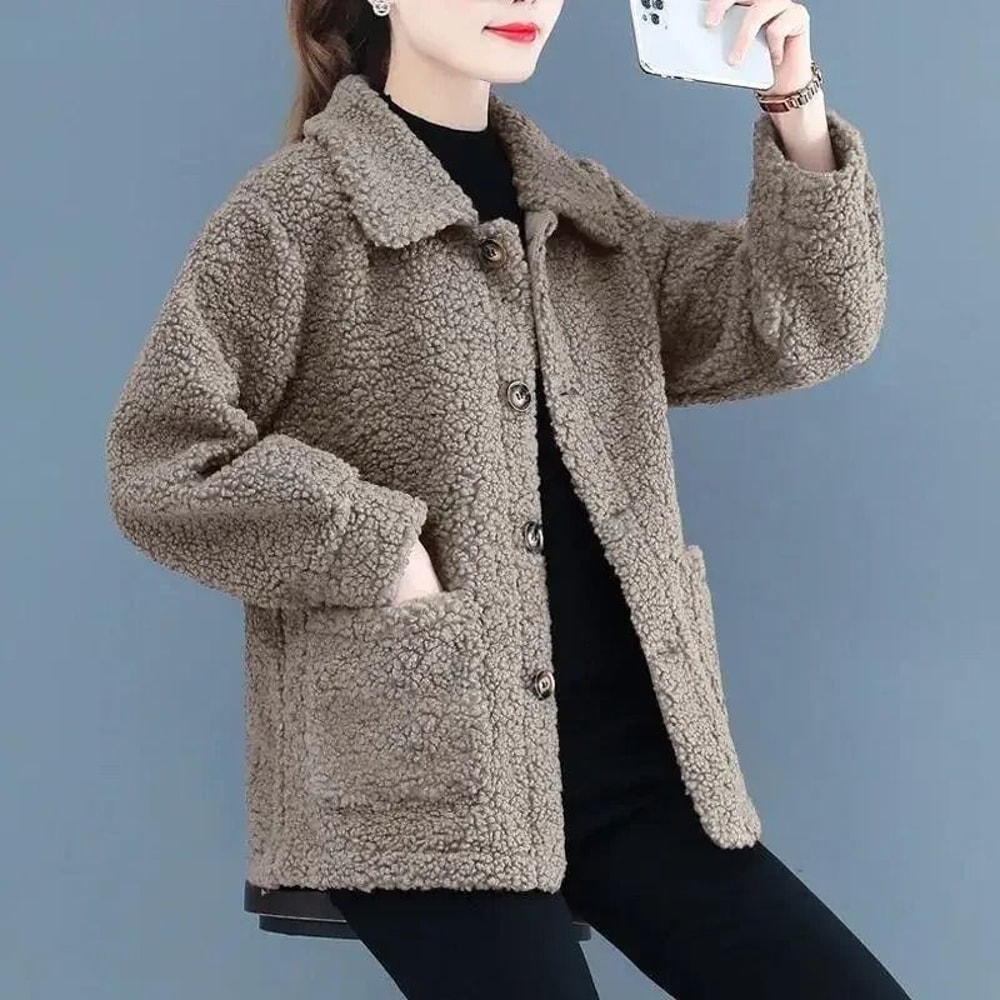 Ladies Lamb Velvet Short Jacket Thick Winter Outerwear Warm Fleece Cardigan Coat For Women 0