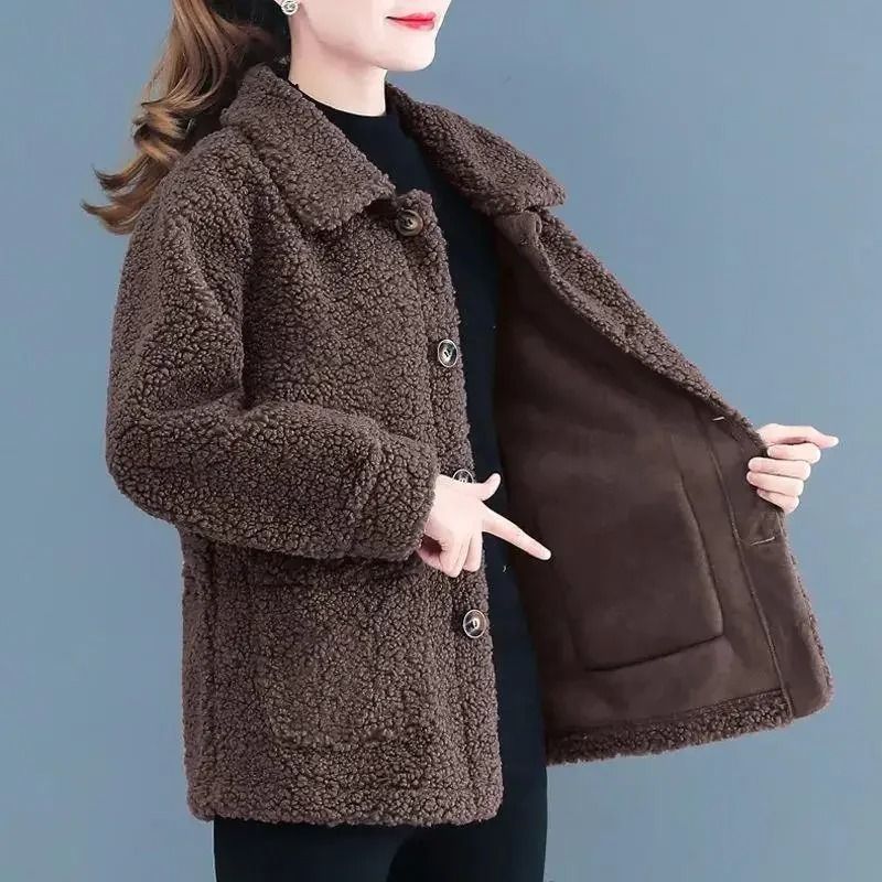 Ladies Lamb Velvet Short Jacket Thick Winter Outerwear Warm Fleece Cardigan Coat For Women 1