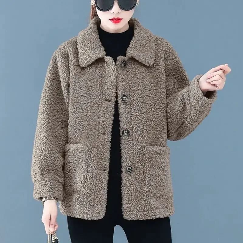 Ladies Lamb Velvet Short Jacket Thick Winter Outerwear Warm Fleece Cardigan Coat For Women 2