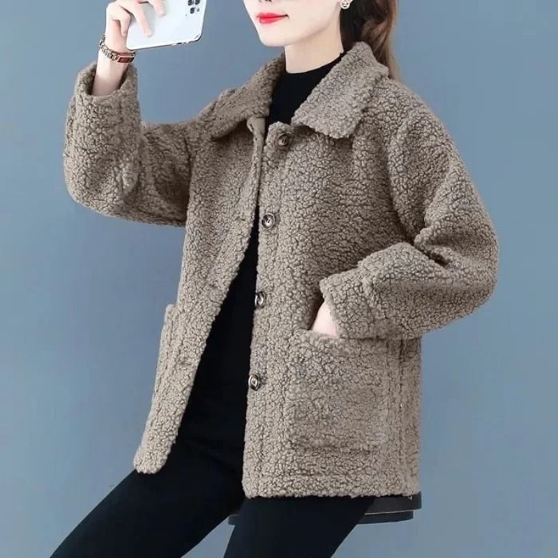 Ladies Lamb Velvet Short Jacket Thick Winter Outerwear Warm Fleece Cardigan Coat For Women 6