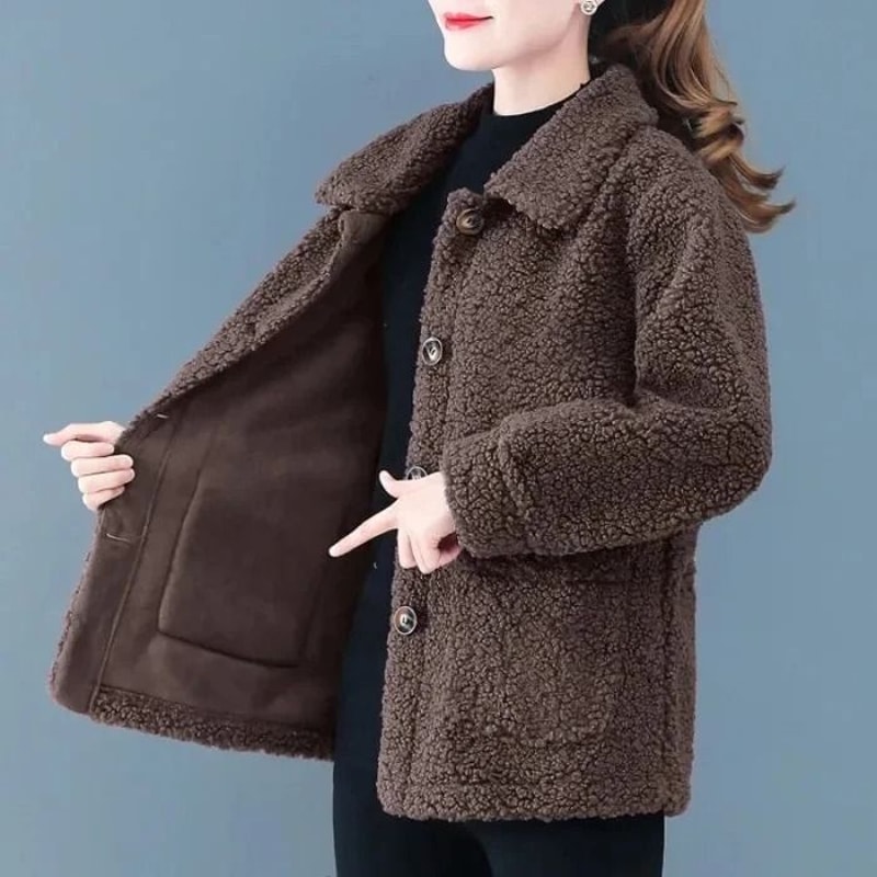 Ladies Lamb Velvet Short Jacket Thick Winter Outerwear Warm Fleece Cardigan Coat For Women 7