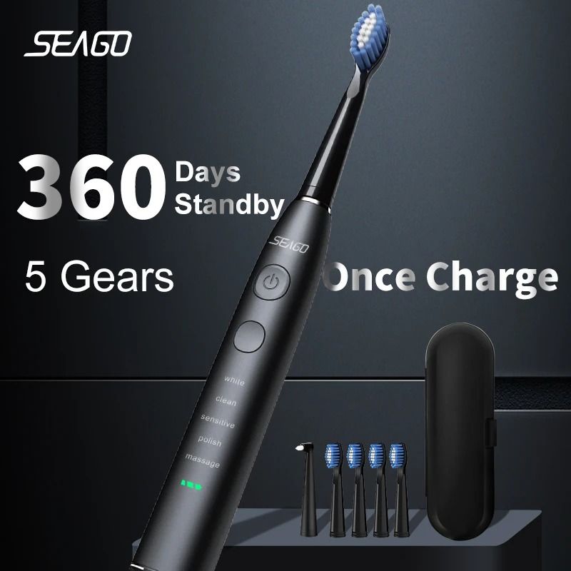 Seago Electric Sonic Toothbrush USB Rechargeable With 4 Replacement Heads And Travel Box 0