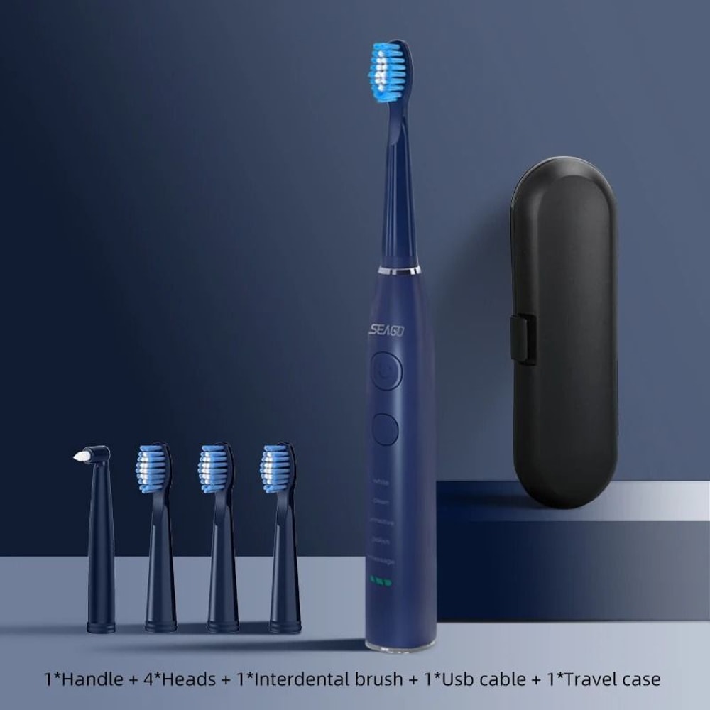 Seago Electric Sonic Toothbrush USB Rechargeable With 4 Replacement Heads And Travel Box 8
