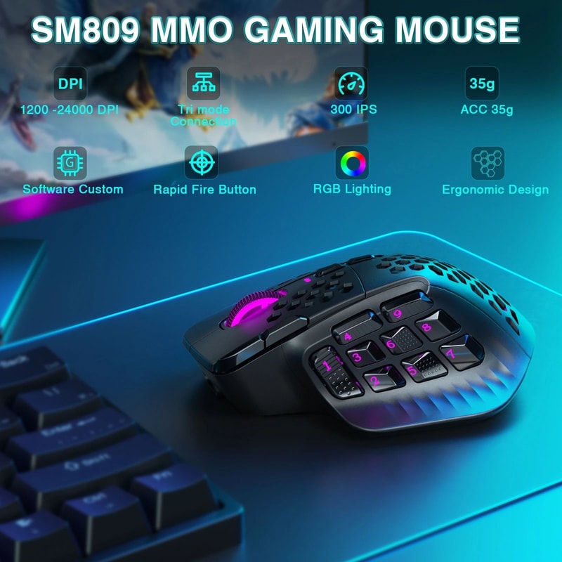 SOLAKAKA SM809 Pro Wireless MMO Gaming Mouse PAW3311 With 16 Programmable Buttons 1