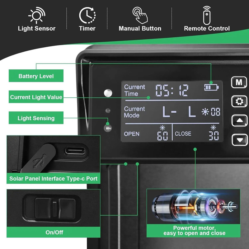 Solar Auto Chicken Coop Door With USB Charging Timer And Light Sensor 1